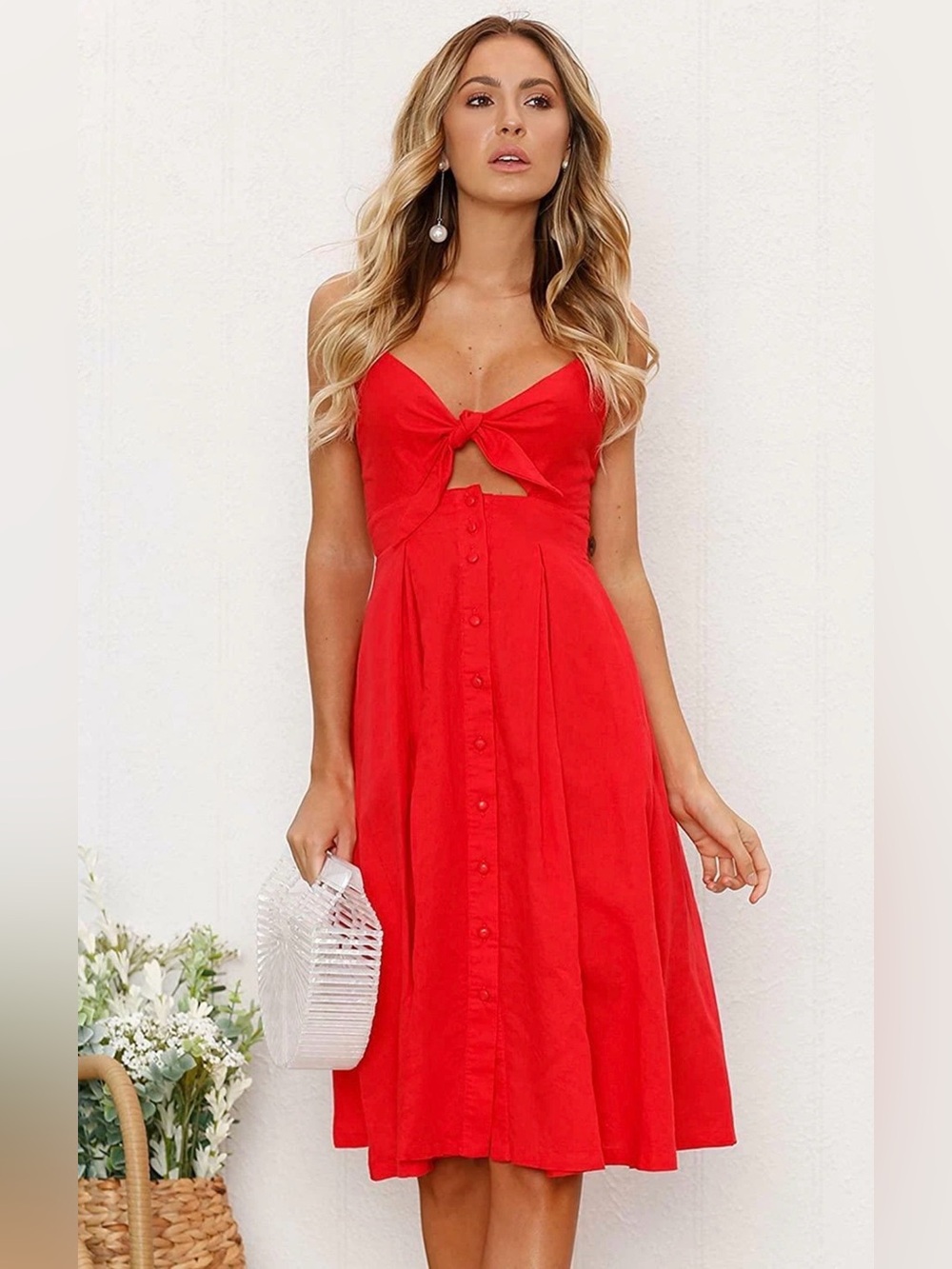 Knot-Front Red Midi Dress with Button-Down Skirt